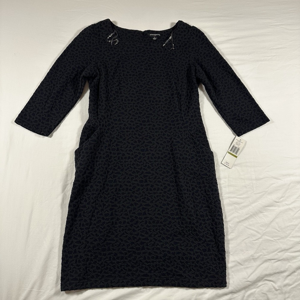 Sharagano Textured Long Sleeve Bodycon Day Dress Size 14 Blue Black NWT $109
